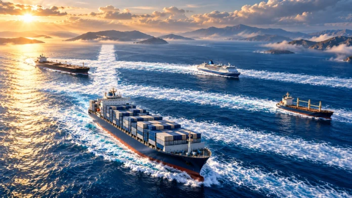 Container ship leading a tanker, passenger ferry and cargo vessel across Greek waters, with white wakes forming the Greek flag.