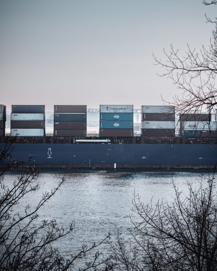 Blue container ship