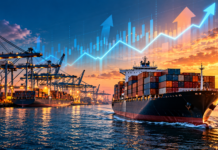 Container freight rates rebound as Asia-Europe indexes diverge Container ship sailing through a busy port at sunset, with an upward-trending financial chart illustrating the recovery in global container freight rates.