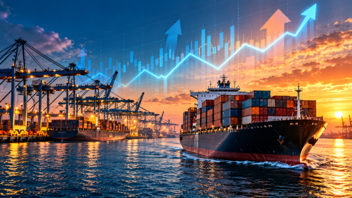 Container ship sailing through a busy port at sunset, with an upward-trending financial chart illustrating the recovery in global container freight rates.