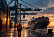 Readers Speak: Joint ventures lead preferences for container terminal operations Port worker walking along a container terminal at sunset, with a large container ship and gantry cranes in the background, illustrating the debate over foreign participation in container terminal operations.
