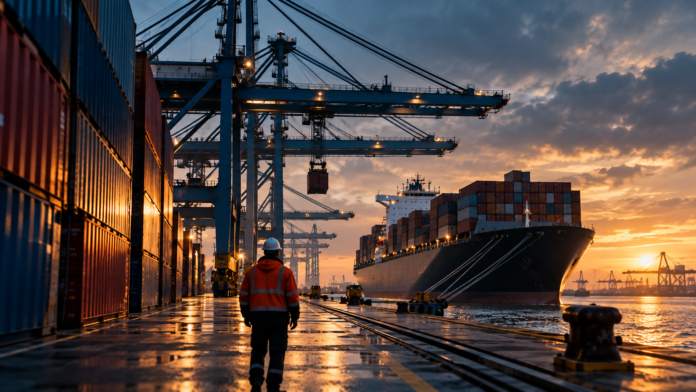 Port worker walking along a container terminal at sunset, with a large container ship and gantry cranes in the background, illustrating the debate over foreign participation in container terminal operations.