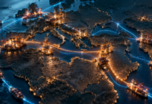 Maersk and Hapag-Lloyd reshape Asia–Europe network: Which ports gain or lose? Conceptual maritime network map showing illuminated container ports and interconnected shipping routes across Europe, the Mediterranean and surrounding regions, illustrating the Maersk and Hapag-Lloyd Gemini network reshuffle.