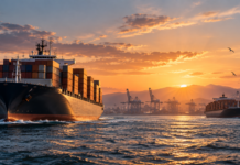 Hapag-Lloyd responds to Israeli concerns over revised ZIM deal Two container ships sailing near a major port at sunset, illustrating Hapag-Lloyd’s proposed acquisition of ZIM.