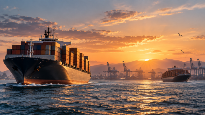 Two container ships sailing near a major port at sunset, illustrating Hapag-Lloyd’s proposed acquisition of ZIM.