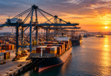 MSC and Hutchison resume talks over Rotterdam Omega terminal project Container ships docked at a major container terminal, with gantry cranes and stacked containers illuminated by sunset.