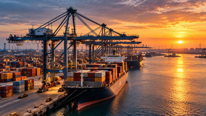 Container ships docked at a major container terminal, with gantry cranes and stacked containers illuminated by sunset.
