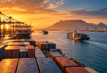 Africa shipping costs: What CMA CGM, Maersk and Hapag-Lloyd surcharges reveal Container ships and cargo terminals at an African port during sunset, illustrating container shipping operations and rising freight surcharges across African trade routes.