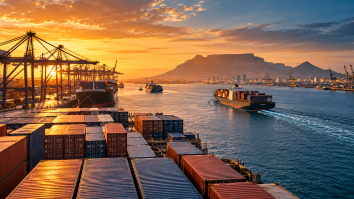 Container ships and cargo terminals at an African port during sunset, illustrating container shipping operations and rising freight surcharges across African trade routes.