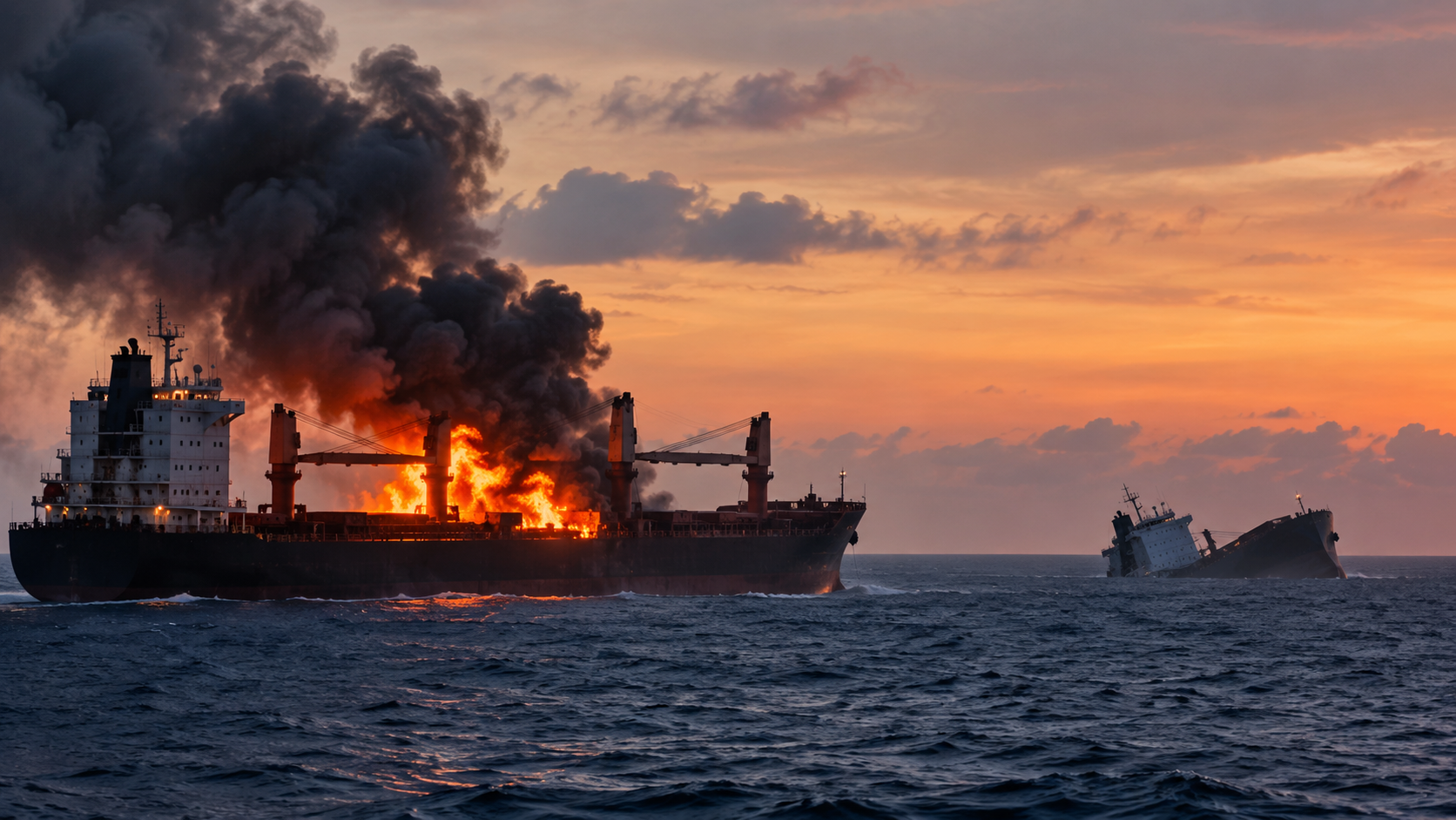 Two merchant ships in distress in the Black Sea, with one vessel on fire and another sinking following a drone attack in Bulgaria’s exclusive economic zone.