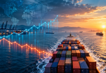 Transpacific gains slow as Europe rates slide Container ship sailing through a global port with rising and falling freight rate charts illustrating mixed trends across major container shipping markets.