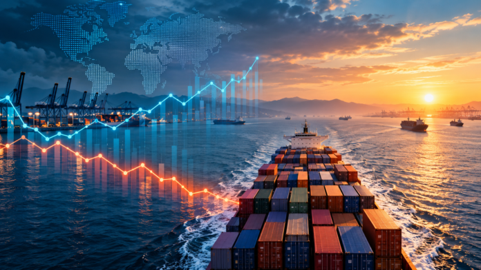 Container ship sailing through a global port with rising and falling freight rate charts illustrating mixed trends across major container shipping markets.