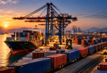 Rosatom takes full control of Delo Group in major Russian logistics consolidation Container ship and freight train at a major logistics terminal, with gantry cranes and stacked containers illuminated at sunset.