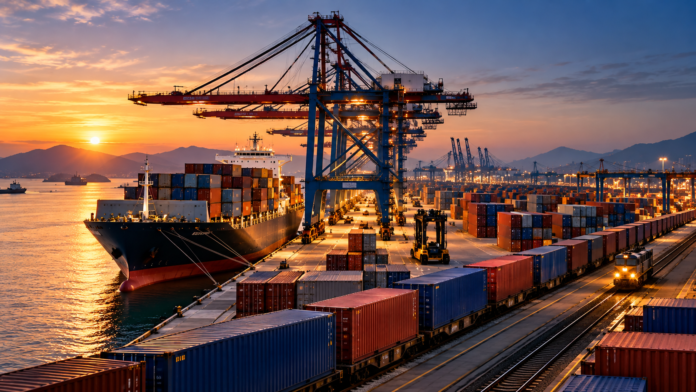 Container ship and freight train at a major logistics terminal, with gantry cranes and stacked containers illuminated at sunset.