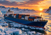 South Korea completes Arctic container voyage as commercial challenges emerge Container ship navigating through Arctic sea ice along the Northern Sea Route at sunset, surrounded by snow-covered mountains.
