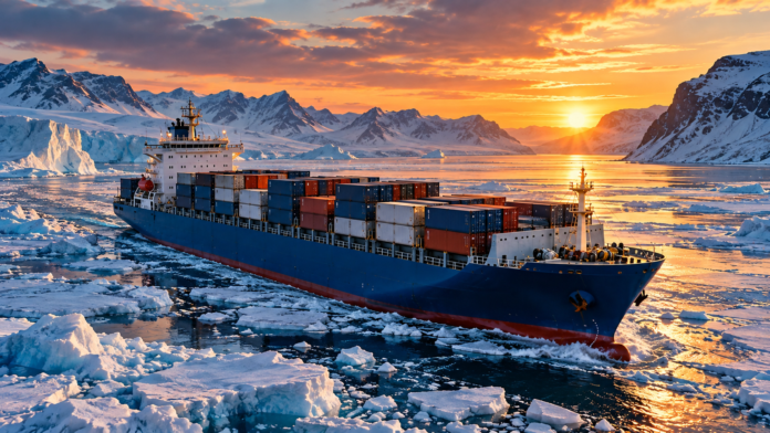 South Korea completes Arctic container voyage as commercial challenges emerge Container ship navigating through Arctic sea ice along the Northern Sea Route at sunset, surrounded by snow-covered mountains.