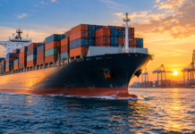 Containership charter rates strengthen as mid-sized tonnage leads gains Container ship sailing near a major port at sunset, illustrating strong containership charter demand and rising rates across mid-sized vessel segments.