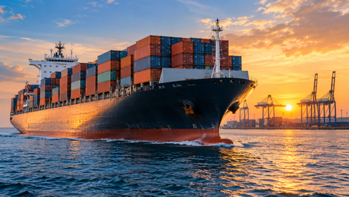 Container ship sailing near a major port at sunset, illustrating strong containership charter demand and rising rates across mid-sized vessel segments.