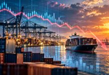 Container freight rates weaken as Asia-Europe decline continues Container ship at a busy port with an overlaid financial chart and downward trend line illustrating declining container freight rates.