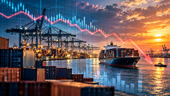 Container ship at a busy port with an overlaid financial chart and downward trend line illustrating declining container freight rates.