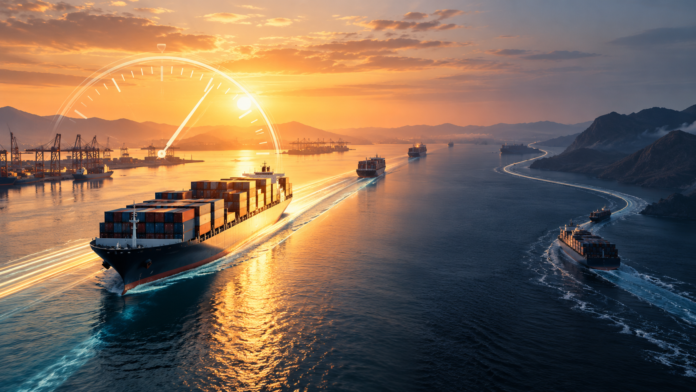 Container ships following different maritime routes beneath a clock-inspired visual, illustrating the value of faster transit times and reliable shipping services.