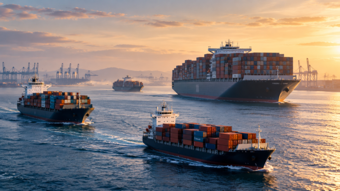 Cinematic maritime scene showing container ships of different sizes sailing near a major port, illustrating vessel size preferences and future container ship orders. Cinematic maritime scene showing container ships of different sizes sailing near a major port, illustrating vessel size preferences and future container ship orders.